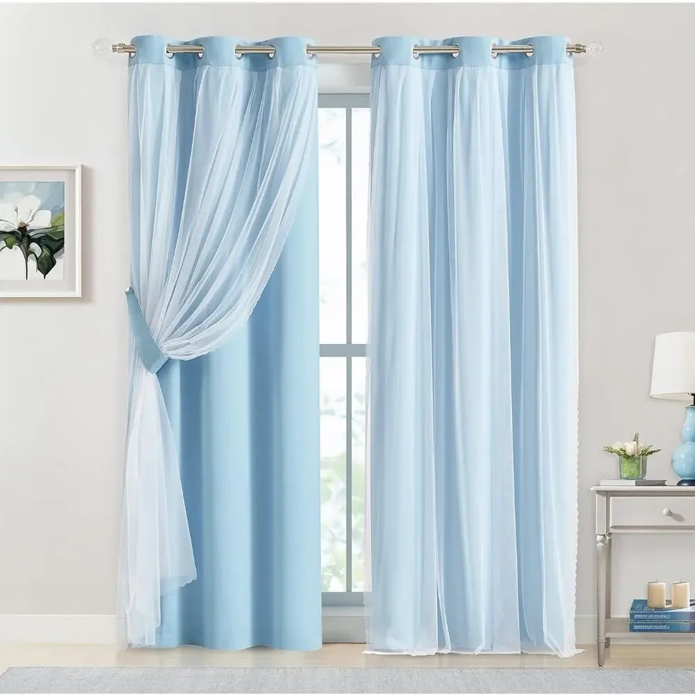 NEW Bujasso Double Layer 80% Blackout Curtains with Sheer Overlay, Sky Blue 84